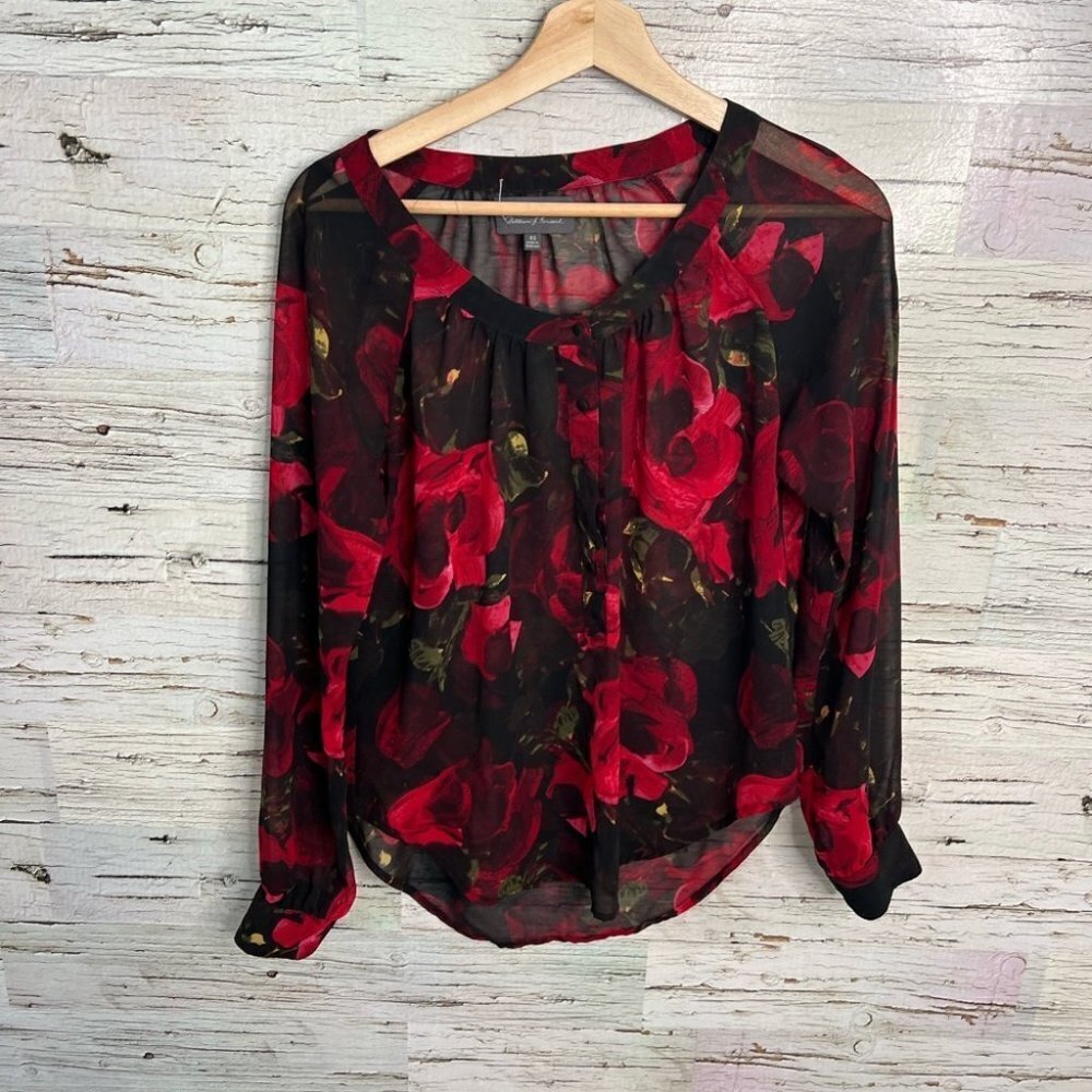 PJK Patterson J Kincaid blouse top red  black floral size XS